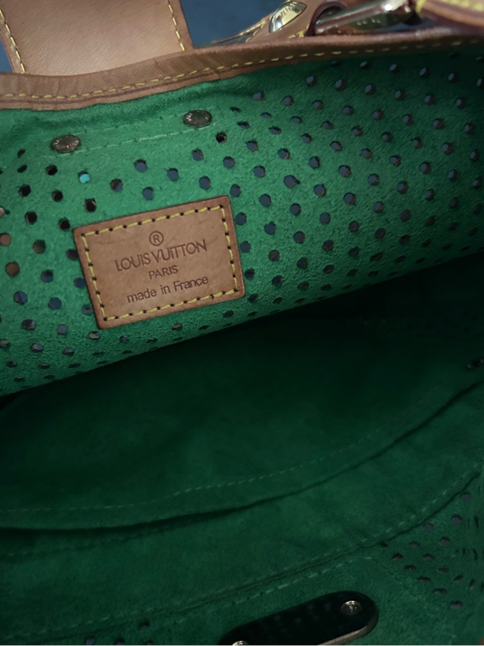 Beautiful Brown Monogram Shoulder Bag with Green Accents - Picture 15 of 17